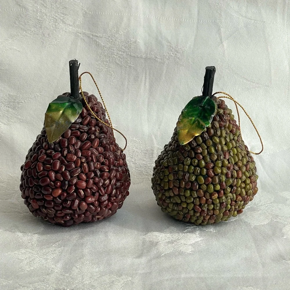 Pier 1 Beaded Pears with Metal Leaves Fall Autumn Decor Ornaments Set of 2